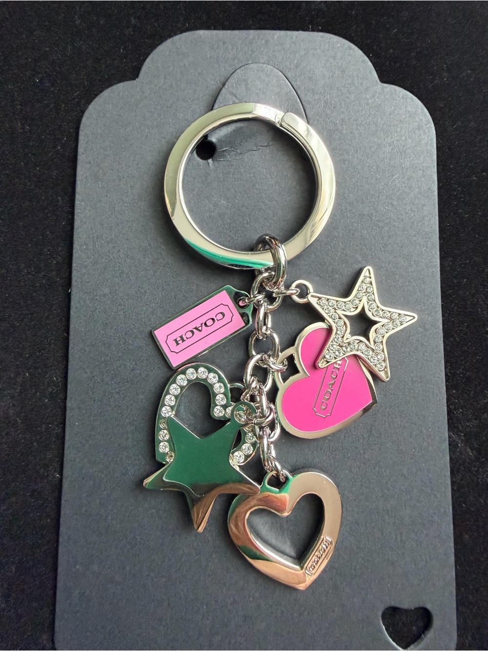 Coach Pink Heart and Star Crystal Bag Charm Keychain Silver Tone 3.75”
